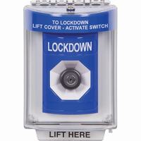 Safety Technology SS2443LD-EN | Blue Indoor/Outdoor Flush with Horn Key-to-Activate Stopper Station with LOCKDOWN Label English