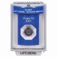 Safety Technology SS2443PX-EN | Blue Indoor/Outdoor Flush with Horn Key-to-Activate Stopper Station with PUSH TO EXIT Label English