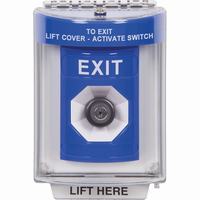 Safety Technology SS2443XT-EN | Blue Indoor/Outdoor Flush with Horn Key-to-Activate Stopper Station with EXIT Label English