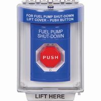 Safety Technology SS2449PS-EN | Blue Indoor/Outdoor Flush with Horn Turn-to-Reset (Illuminated) Stopper Station with FUEL PUMP SHUT DOWN Label English