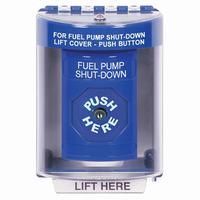 Safety Technology SS2470PS-EN | Blue Indoor/Outdoor Surface Key-to-Reset Stopper Station with FUEL PUMP SHUT DOWN Label English