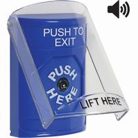 Safety Technology SS24A0PX-EN | Blue Indoor Only Flush or Surface with Horn Key-to-Reset Stopper Station with PUSH TO EXIT Label English