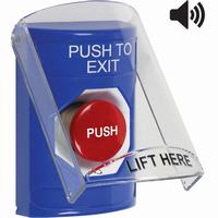 Safety Technology SS24A1PX-EN | Blue Indoor Only Flush or Surface with Horn Turn-to-Reset Stopper Station with PUSH TO EXIT Label English