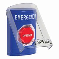 Safety Technology SS24A2EM-ES | Blue Indoor Only Flush or Surface with Horn Key-to-Reset (Illuminated) Stopper Station with EMERGENCY Label Spanish