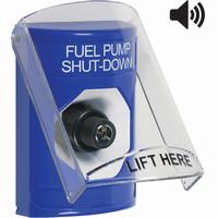 Safety Technology SS24A3PS-EN | Blue Indoor Only Flush or Surface with Horn Key-to-Activate Stopper Station with FUEL PUMP SHUT DOWN Label English