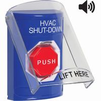 Safety Technology SS24A5HV-EN | Blue Indoor Only Flush or Surface with Horn Momentary (Illuminated) Stopper Station with HVAC SHUT DOWN Label English