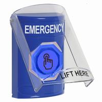 Safety Technology SS24A6EM-EN | Blue Indoor Only Flush or Surface with Horn Momentary (Illuminated) with Blue Lens Stopper Station with EMERGENCY Label English