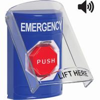 Safety Technology SS24A8EM-EN | Blue Indoor Only Flush or Surface with Horn Pneumatic (Illuminated) Stopper Station with EMERGENCY Label English