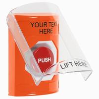 Safety Technology SS2524ZA-EN | Orange Indoor Only Flush or Surface Momentary Stopper Station with Non-Returnable Custom Text Label English