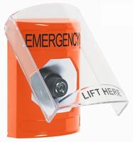 Safety Technology SS25A3EM-EN | Orange Indoor Only Flush or Surface with Horn Key-to-Activate Stopper Station with EMERGENCY Label English