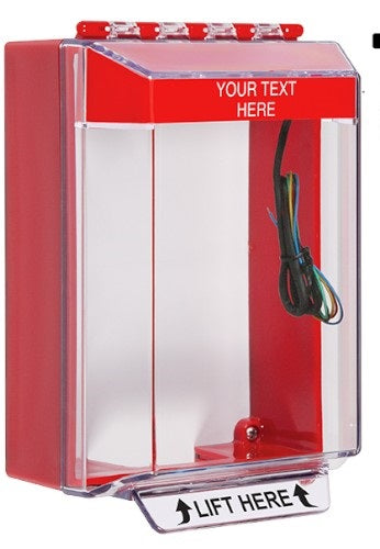 Safety Technology STI-14230C-R | Universal Stopper Low Profile Cover Surface Mount and Hood with Horn and Relay, Custom Label, Red