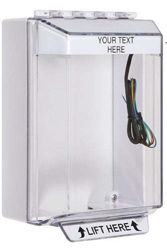 Safety Technology STI-14230C-W | Universal Stopper Low Profile Cover Surface Mount and Hood with Horn and Relay, Custom Label, White