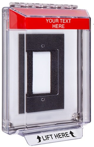 Safety Technology STI-14320C-R | Universal Stopper Low Profile Cover Enclosure Flush Back Box and Hood with Horn, Custom Label, Red