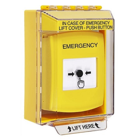 Safety Technology GLR281EM-EN | Yellow Indoor/Outdoor Low Profile Surface Mount With Sound Key-To-Reset Push Button With Emergency Label English