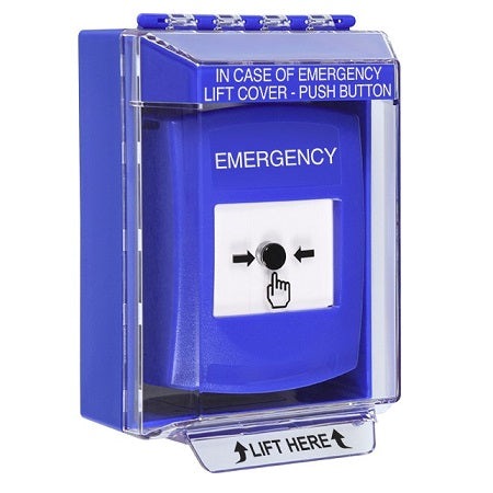 Safety Technology GLR471EM-EN | Blue Indoor/Outdoor Low Profile Surface Mount Key-To-Reset Push Button With Emergency Label English