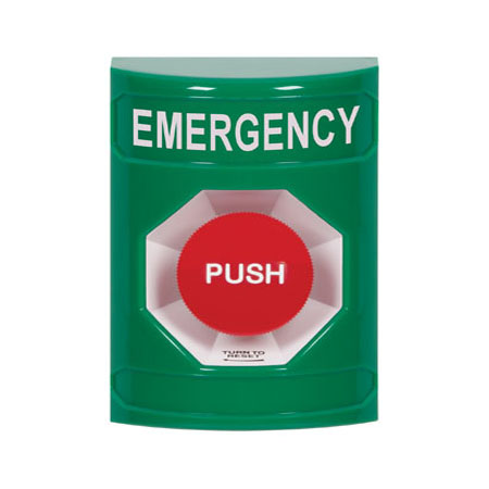 Safety Technology SS2101EM-EN | Green No Cover Turn-To-Reset Stopper Station With Emergency Label English