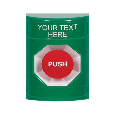 Safety Technology SS2104ZA-EN | Green No Cover Momentary Stopper Station With Non-Returnable Custom Text Label English