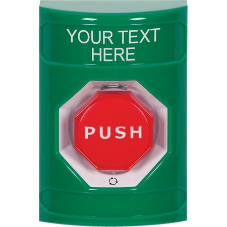 Safety Technology SS2109ZA-EN | Green No Cover Turn-To-Reset (Illuminated) Stopper Station With Non-Returnable Custom Text Label English