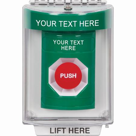 Safety Technology SS2134ZA-EN | Green Indoor/Outdoor Flush Momentary Stopper Station With Non-Returnable Custom Text Label English