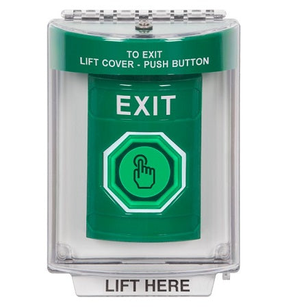 Safety Technology SS2136XT-EN | Green Indoor/Outdoor Flush Momentary (Illuminated) With Green Lens Stopper Station With Exit Label English