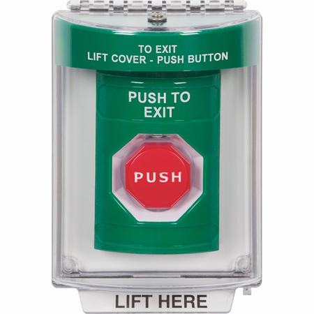 Safety Technology SS2138PX-EN | Green Indoor/Outdoor Flush Pneumatic (Illuminated) Stopper Station With Push To Exit Label English