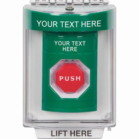 Safety Technology SS2138ZA-EN | Green Indoor/Outdoor Flush Pneumatic (Illuminated) Stopper Station With Non-Returnable Custom Text Label English