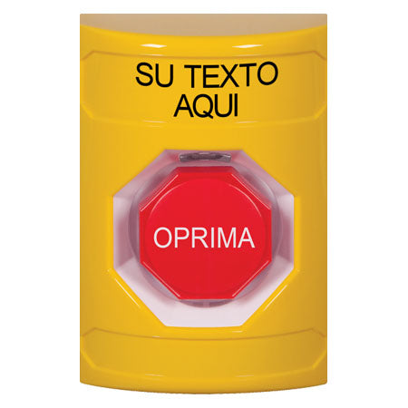 Safety Technology SS2202ZA-ES | Yellow No Cover Key-To-Reset (Illuminated) Stopper Station With Non-Returnable Custom Text Label Spanish