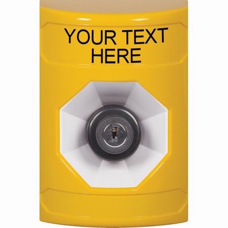 Safety Technology SS2203ZA-EN | Yellow No Cover Key-To-Activate Stopper Station With Non-Returnable Custom Text Label English