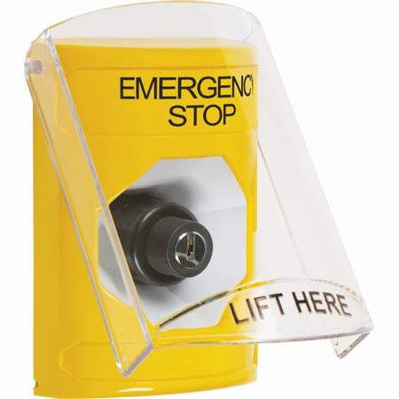Safety Technology SS2223ES-EN | Yellow Indoor Only Flush Or Surface Key-To-Activate Stopper Station With Emergency Stop Label English