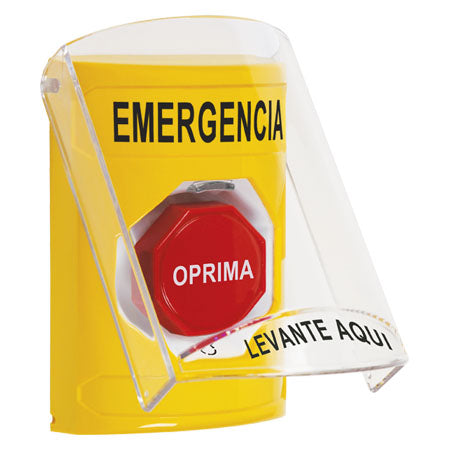Safety Technology SS2229EM-ES | Yellow Indoor Only Flush-To-Reset (Illuminated) Stopper Station With Emergency Label Spanish
