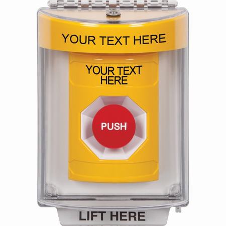 Safety Technology SS2244ZA-EN | Yellow Indoor/Outdoor Flush With Horn Momentary Stopper Station With Non-Returnable Custom Text Label English