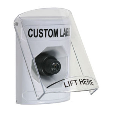 Safety Technology SS2323ZA-EN | White Indoor Only Flush Or Surface Key-To-Activate Stopper Station With Non-Returnable Custom Text Label English
