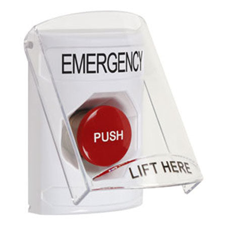 Safety Technology SS2324EM-EN | White Indoor Only Flush Or Surface Momentary Stopper Station With Emergency Label English