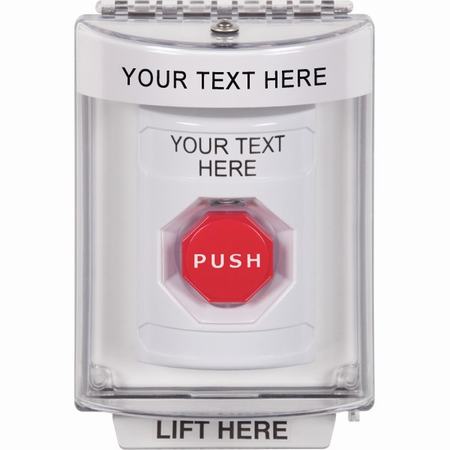Safety Technology SS2348ZA-EN | White Indoor/Outdoor Flush With Horn Pneumatic (Illuminated) Stopper Station With Non-Returnable Custom Text Label English