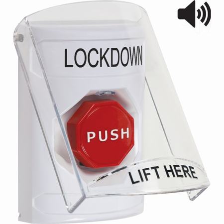Safety Technology SS23A5LD-EN | White Indoor Only Flush Or Surface With Horn Momentary (Illuminated) Stopper Station With Lockdown Label English