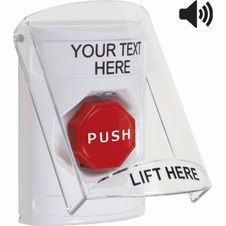 Safety Technology SS23A5ZA-EN | White Indoor Only Flush Or Surface With Horn Momentary (Illuminated) Stopper Station With Non-Returnable Custom Text Label English