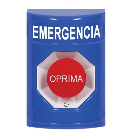 Safety Technology SS2401EM-ES | Blue No Cover Turn-To-Reset Stopper Station With Emergency Label Spanish