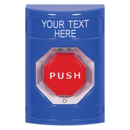 Safety Technology SS2409ZA-EN | Blue No Cover Turn-To-Reset (Illuminated) Stopper Station With Non-Returnable Custom Text Label English