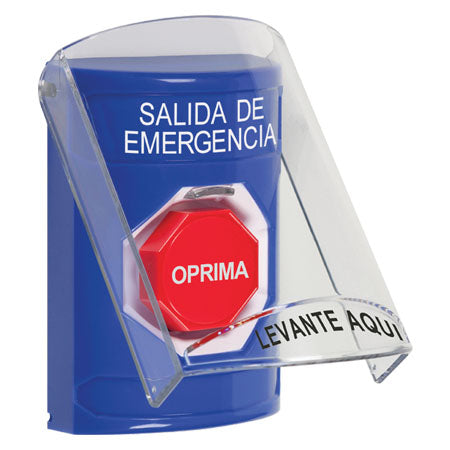 Safety Technology SS2422EX-ES | Blue Indoor Only Flush Or Surface Key-To-Reset (Illuminated) Stopper Station With Emergency Exit Label Spanish