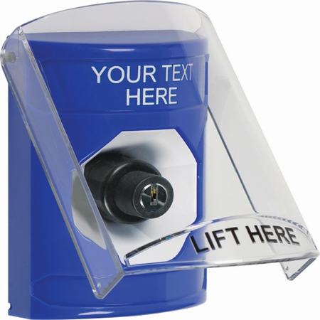Safety Technology SS2423ZA-EN | Blue Indoor Only Flush Or Surface Key-To-Activate Stopper Station With Non-Returnable Custom Text Label English