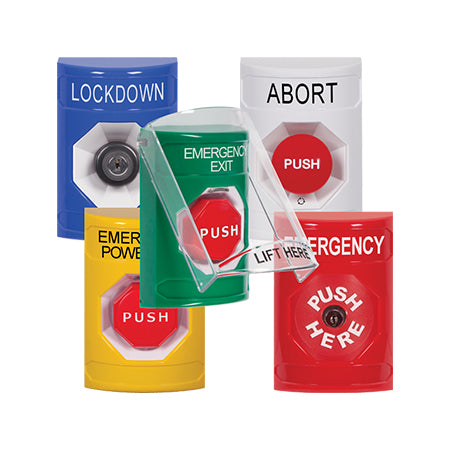 Safety Technology SS2428LD-EN | Blue Indoor Only Flush Or Surface Pneumatic (Illuminated) Stopper Station With Lockdown Label English