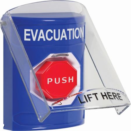 Safety Technology SS2429EV-EN | Blue Indoor Only Flush-To-Reset (Illuminated) Stopper Station With Evacuation Label English
