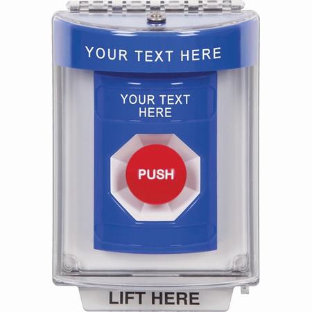 Safety Technology SS2434ZA-EN | Blue Indoor/Outdoor Flush Momentary Stopper Station With Non-Returnable Custom Text Label English