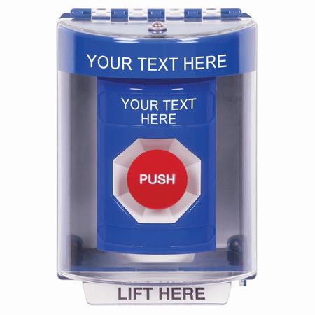 Safety Technology SS2474ZA-EN | Blue Indoor/Outdoor Surface Momentary Stopper Station With Non-Returnable Custom Text Label English