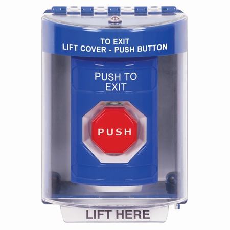 Safety Technology SS2475PX-EN | Blue Indoor/Outdoor Surface Momentary (Illuminated) Stopper Station With Push To Exit Label English