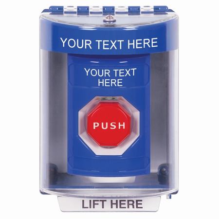 Safety Technology SS2475ZA-EN | Blue Indoor/Outdoor Surface Momentary (Illuminated) Stopper Station With Non-Returnable Custom Text Label English