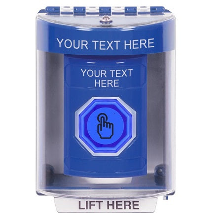 Safety Technology SS2476ZA-EN | Blue Indoor/Outdoor Surface Momentary (Illuminated) With Blue Lens Stopper Station With Non-Returnable Custom Text Label English