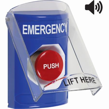 Safety Technology SS24A4EM-EN | Blue Indoor Only Flush Or Surface With Horn Momentary Stopper Station With Emergency Label English