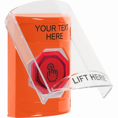 Safety Technology SS2526ZA-EN | Orange Indoor Only Flush Or Surface Momentary (Illuminated) With Red Lens Stopper Station With Non-Returnable Custom Text Label English