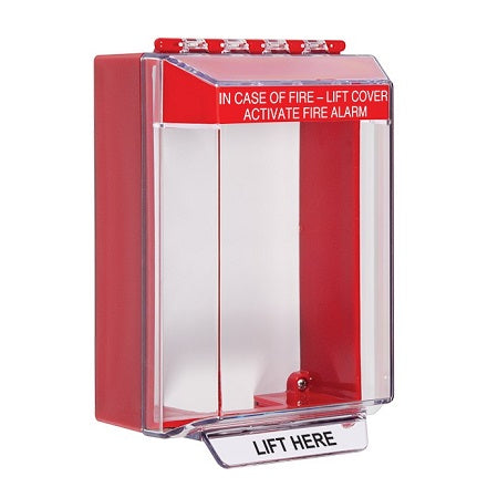 Safety Technology STI-14230FR | Universal Stopper Low Profile Cover Surface Mount And Hood With Horn And Relay - Fire Label - Red